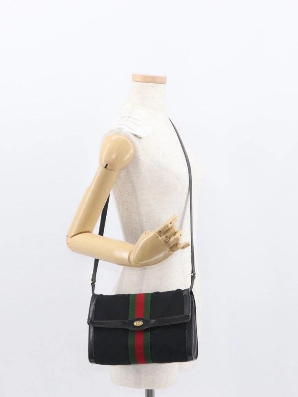 GUCCI GG Canvas Web Sherry Line Shoulder Bag Black Red Green Auth 161730